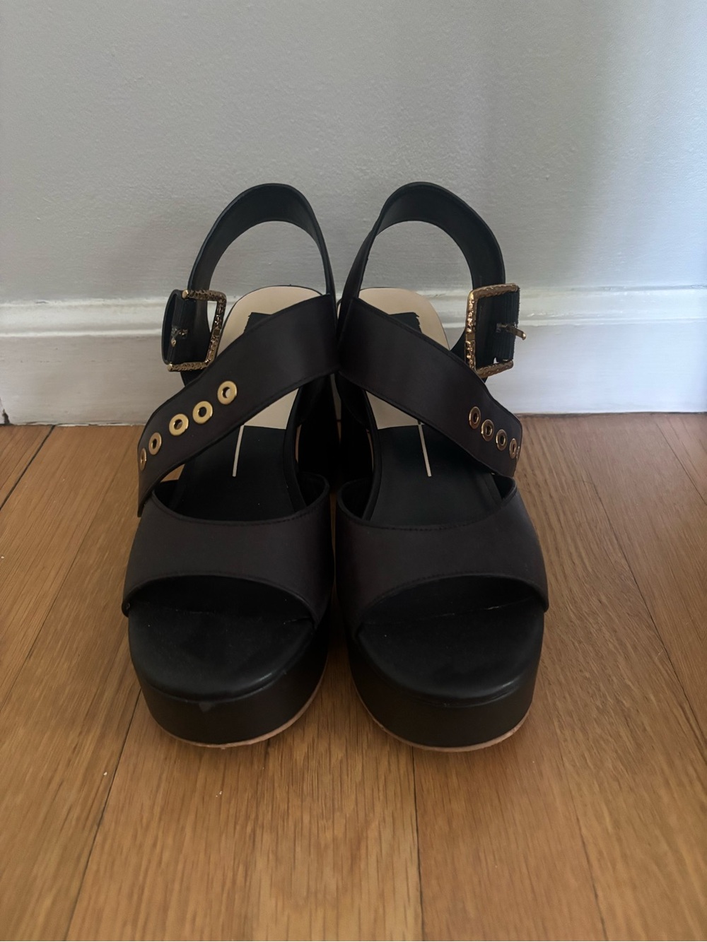 Women’s Black Platform Slingback Sandals with Gold Accents